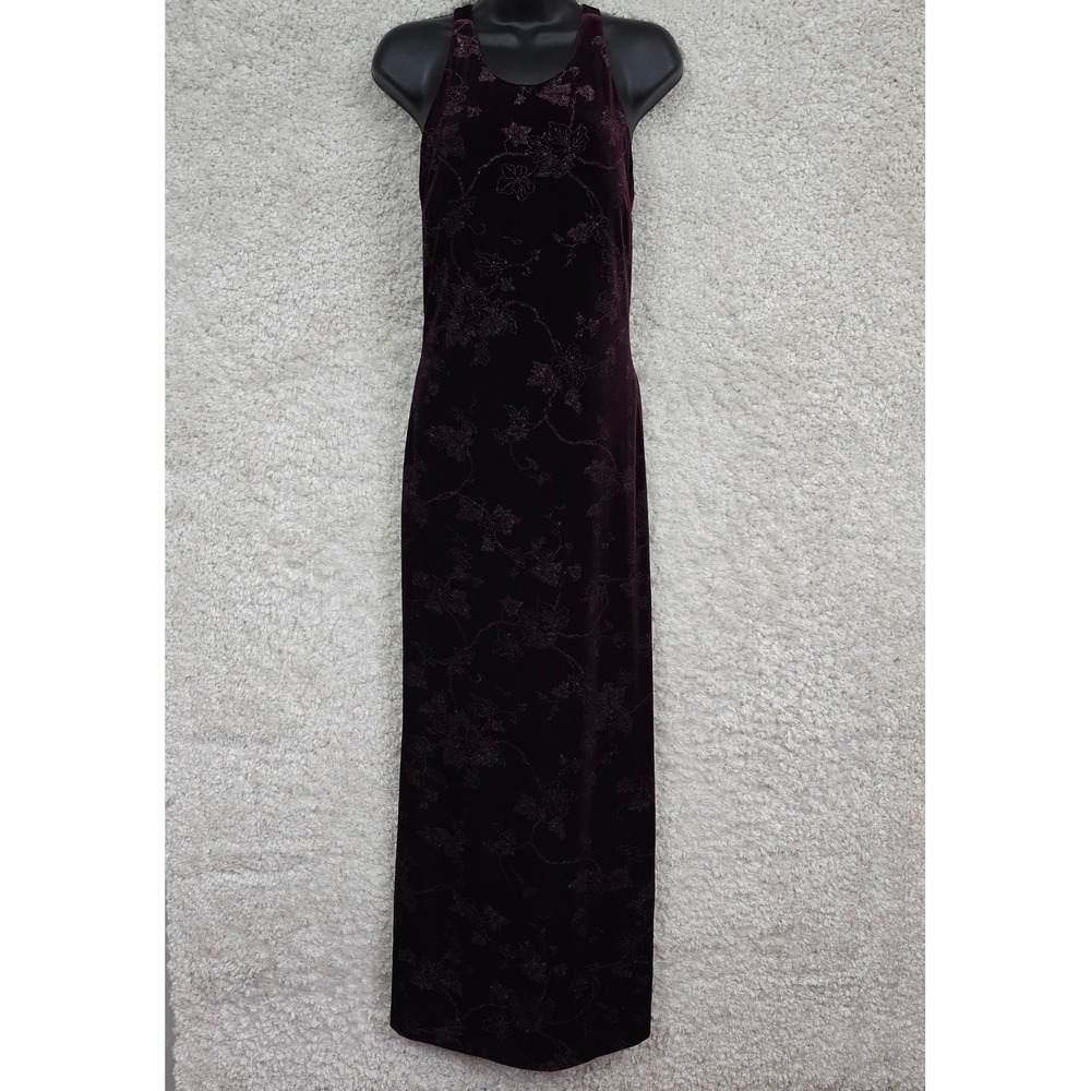 Vintage Hampton Nites Velvet Halter Maxi Dress Womens 6 Purple Floral Sparkle